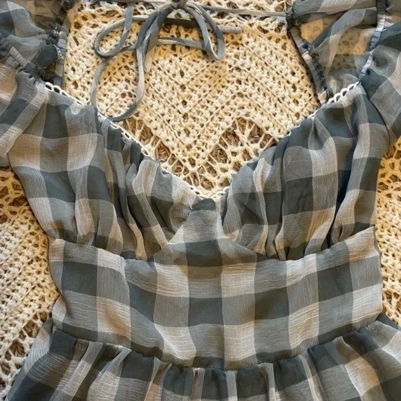 Mable Blue & White Gingham Open Tie Back Midi Dress Size Large Puff Sleeves - Picture 4 of 10